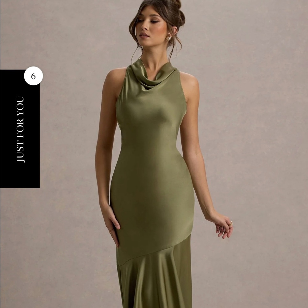 Club L London- AMELITA
KHAKI SATIN COWL-NECK MAXI DRESS